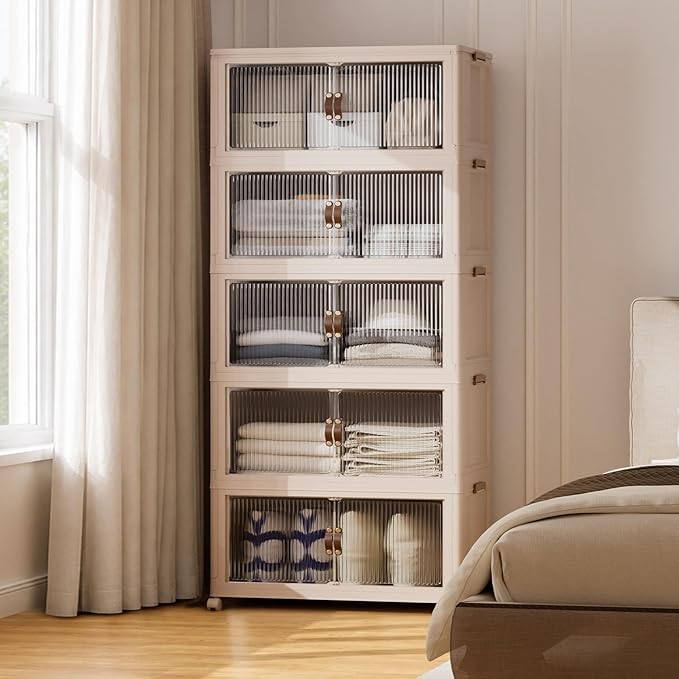 SAILUN 635Qt Stackable Storage Bins,Storage Cabinet a Lid,5Pack Blush White | Stackable Storage Drawers with Lids,28" W x 17" D x 75" H,Featuring open-front Access for Clothes and Closet Storage