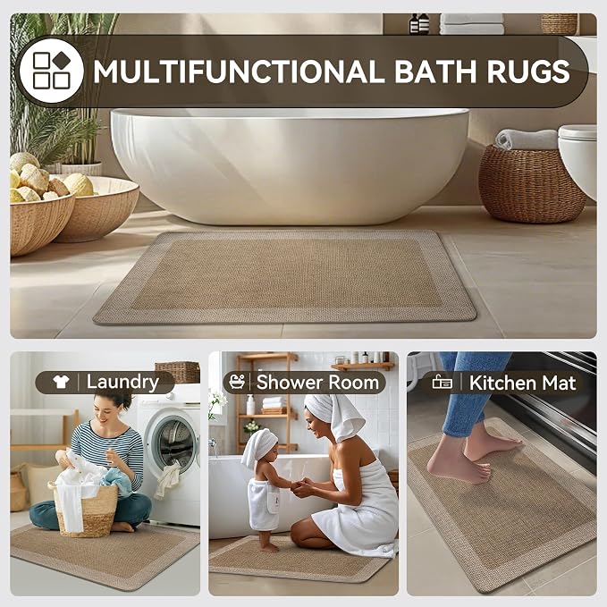 Non Slip Bath Mat, Thin Bathroom Rugs Fit Under Door, Brown 20x31 | Quick Dry Absorbent, Rubber Backing Washable Bathmat, Shower Mat for Bathroom Floor, Tub and Outside Shower, Home Decor