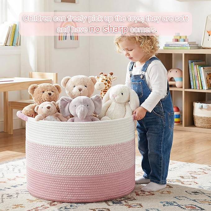 Artfeel 70L Large Cotton Rope Basket, Decorative Woven Blanket Storage for Living Room, Boho Toy Storage & Toy Box for Kids, Versatile Laundry Basket & Nursery Hamper for Blankets(Pink)