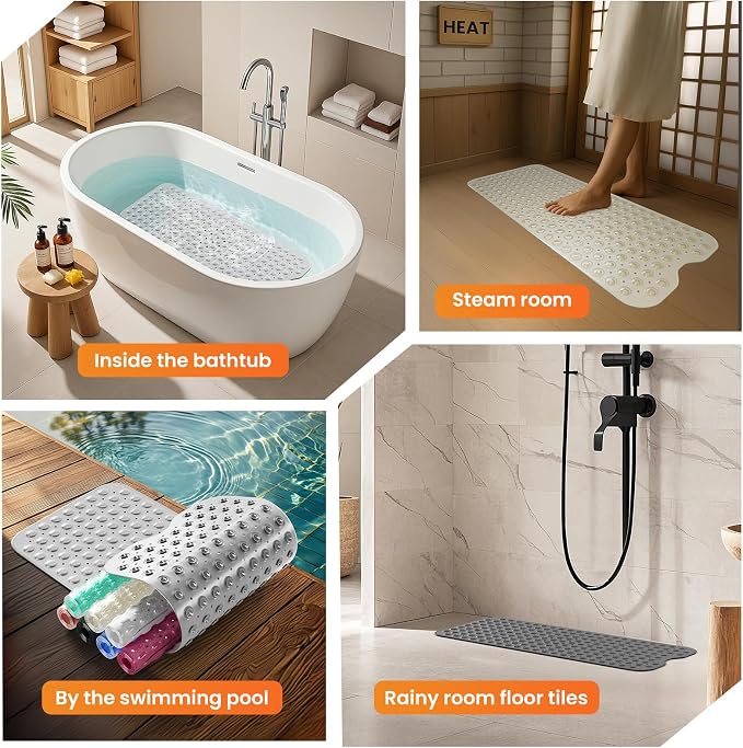 Non-Slip Bath Tub Mat, 39x16 Inch Extra Large Shower Mat with Drain Holes & Suction Cups, Machine Washable, White