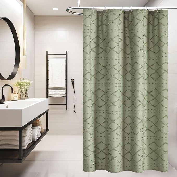 Small Stall Boho Shower Curtain - Sage Green Tassle Woven Fabric - 36 x 72 Half Size - Tufted Chevron Striped Textured Modern Farmhouse Minimalist Cloth Shower Curtain for Bathroom