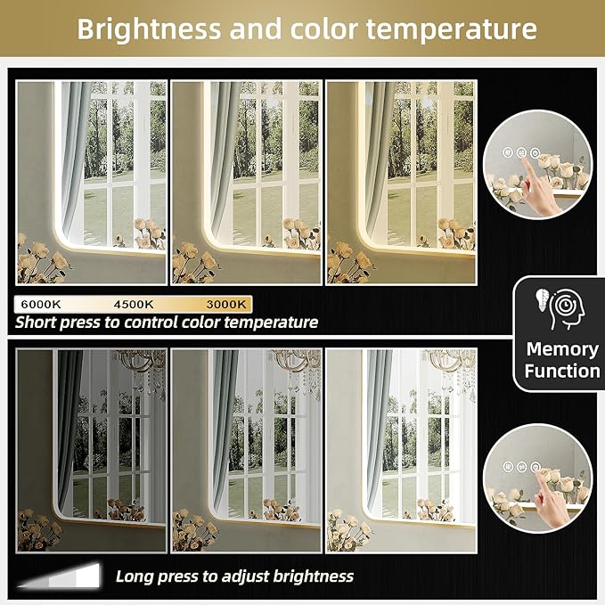LED Mirror for Bathroom 40X28 Inch Gold Framed with Anti-Fog, Stepless Dimmable, Front Lit, LED Bathroom Vanity Mirror for Wall, Memory Function, Shatter-Proof
