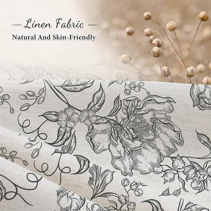 Black Boho Linen Shower Curtain, Farmhouse Floral for Bathroom | Botanical floral print. Rustic farmhouse boho decor. Durable linen blend fabric. Machine washable for easy care. 72x84