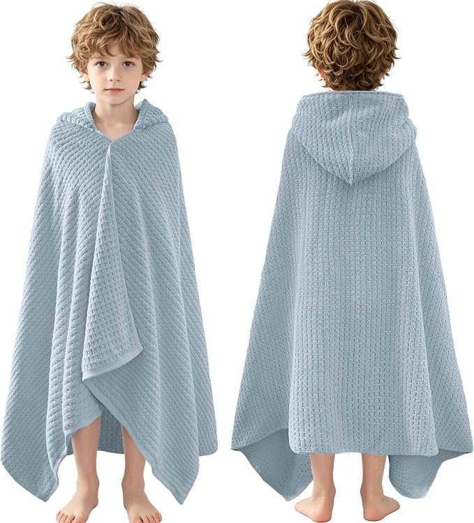 VOOVA & MOVAS Kids Hooded Bath Towel, 6-10 Years,Grey Blue Waffle | Unique Waffle Weave Surface, Dense Fabric, Powerful Absorbency for Multi Scenes
