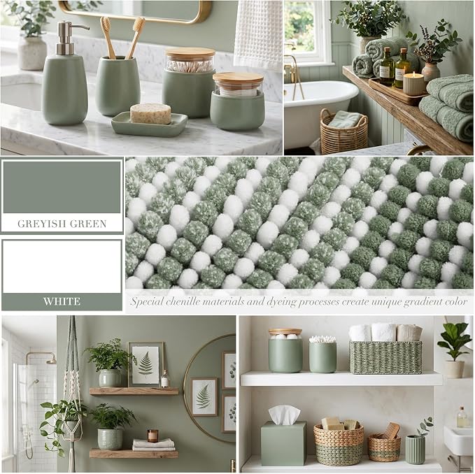 Bathroom Rugs and Mats Sets, 2 Piece Thick Absorbent Chenille Bath Mat Rug Set Non Slip, Soft Bath Room Floor Mats for Bathroom, Machine Washable (20" x 60" Plus 20" x 32",Greyish Green)
