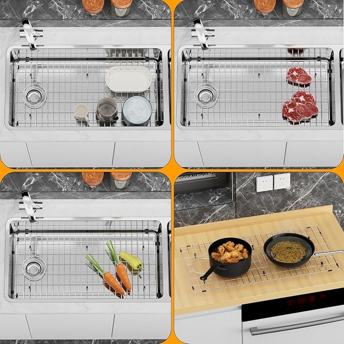 Large Sink Protector for Kitchen Sink,Metal Sink Rack 28.8" X 14.8",Stainless Steel Sink Grid for Bottom of Sink,Sink Grate with Side Drain Hole for Single Bowl with Strainer,1 Pack