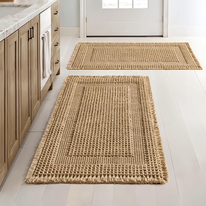 MIULEE Set of 2 Waffle Bathroom Rugs Brown Boho Bath Mat 24x36 in | Looped Design, Super Absorbent, Non Slip, Washable, Ultra Soft, Rubber Backed, Bathroom Mats for Floor Tub Shower