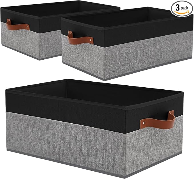 3 Pack Large Capacity Storage Bins Closet Organizer for Shelves | Fabric Closet Storage Baskets Boxes with Leather Handles for Organizing Clothes, Sheets, Jeans, Toys, Books (Black and Grey)