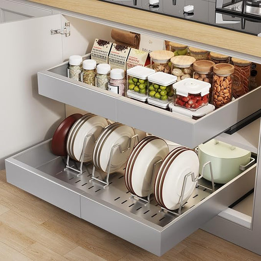 Seinloes 2 Pack Pull out Cabinet Organizer 21"Deep With Raising Pad for Framed Cabinets, Expandable Slide out Drawers for Kitchen Cabinets with 4pcs Divider Racks,Roll out Shelves 12.1"-20.4" W Silver