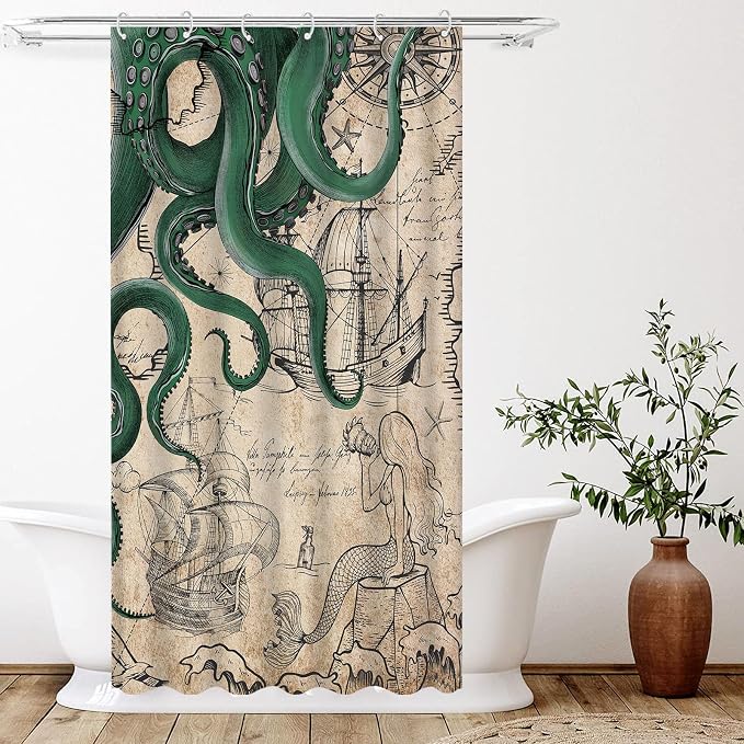 Fungarth Stall Vintage Green Nautical Octopus Shower Curtain Mermaid Funny Ocean Kraken Shower Curtains for Bathroom Cool Anchor Coastal Map Waterproof Fabric Bath Curtain Decor (Retro2, 36” x 72”)