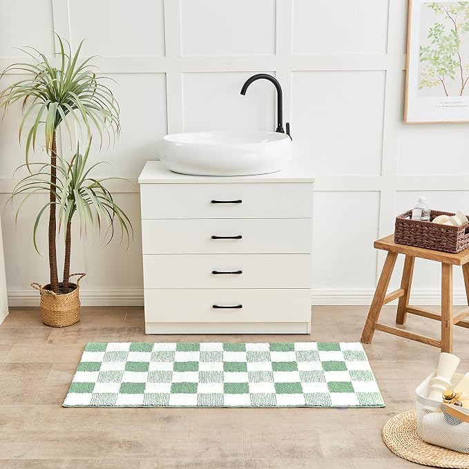 CozeCube Sage Green Checkered Bath Mat 36"x24" Non Slip Washable Rug | For Bathroom Non Slip, Fluffy Absorbent Microfiber Bath Mats Machine Wash, Stylish Large Aesthetic Bathroom Rugs