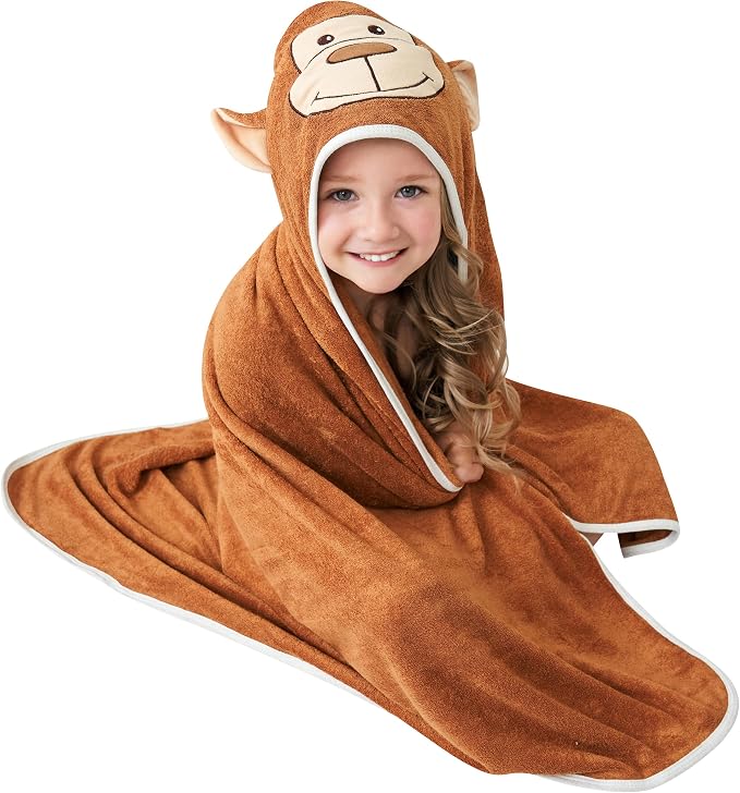 HIPHOP PANDA Ultra Soft Hooded Baby Towel - 2-Layer Thick 500GSM Absorbent | Rayon Made from Bamboo, Hooded Bath Towel for Newborn, Infant, Toddler, Baby Registry - Monkey, 30x30 In