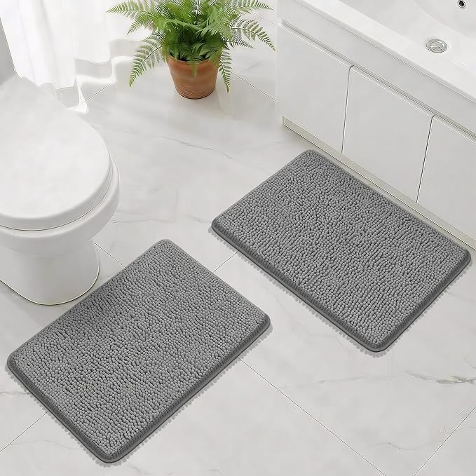 Bcoimo Bath Rug Mat Sets, 2 Piece Extra Soft Chenille Gray Bathroom Mat Set | Non Slip with Rubber Backing 24x17 Bath Mat; Machine Washable;Extra Soft Bath Rug;High Absorbent、Quick Drying Microfiber mat