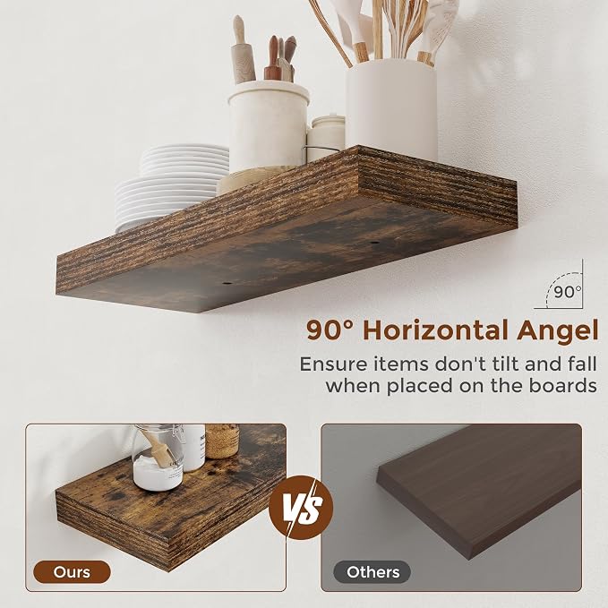 Heimlove 24 Inch Floating Shelves for Wall Rustic Brown Shelves Set of 2,Wall Mounted Rustic Wood 8 Inch Deep Floating Shelf with Invisible Brackets for Bedroom Kitchen Living Room
