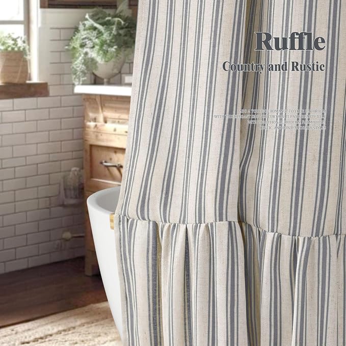 Farmhouse Shower Curtain Ruffle Linen Cream-Grey Stripe 72"W x 96"L | Farmhouse Boho, Striped, Bottom Ruffle, Linen Fabric, Rustic, Country, Natural Look, Washable, for Bathroom Bathtub
