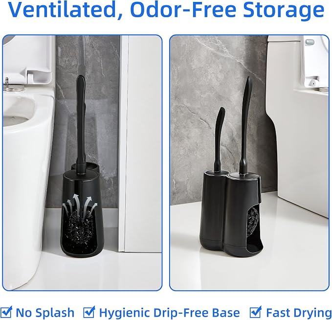 Toilet Brush and Holder Set with Pumice Stone Toilet Bowl Cleaner | Long-handle Scrubber with Ventilated Holder and Pumice Stone for Hard Water Stains, Limescale and Toilet Rings