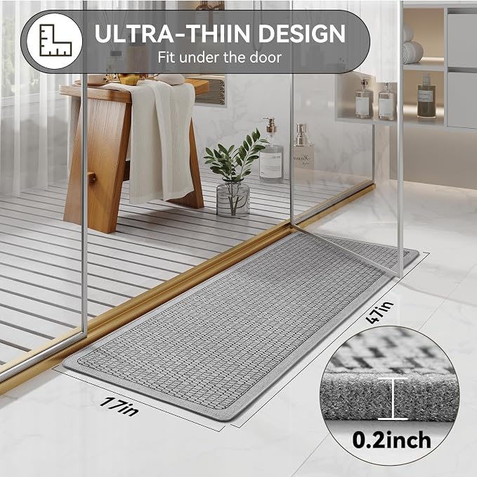 Bathroom Runner Rug, Long Thin Bath Mat Fit Under Door, Grey 17x47 | Quick Dry Absorbent, Rubber Backing Washable Large Bathmat, Shower Mat for Bathroom Floor, Tub and Outside Shower, Home Decor