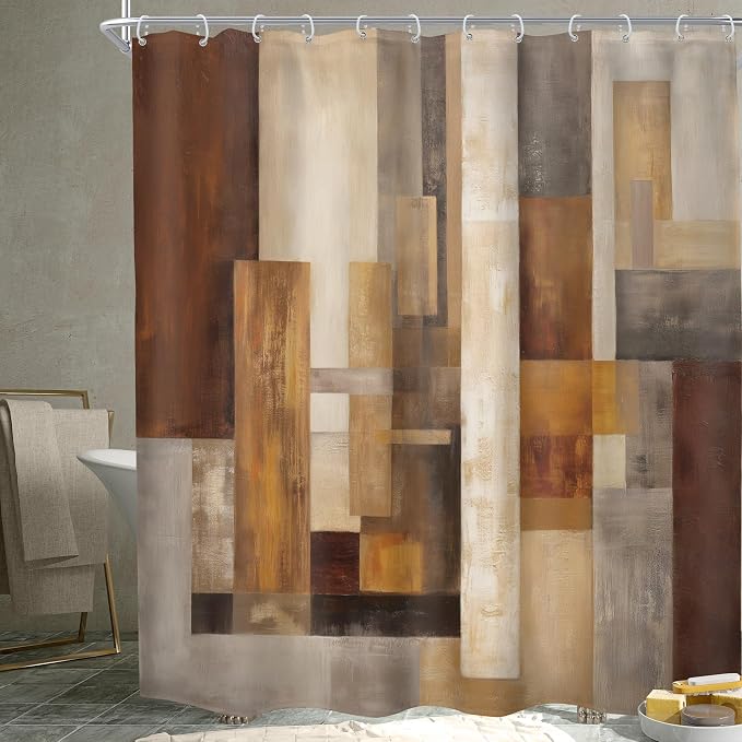 Extra Long Brown Abstract Wood Block Geometric Bathroom Shower Curtain Set | 72Wx84H Rust Farm design, waterproof HD print with fast-drying fabric and 12 hooks.