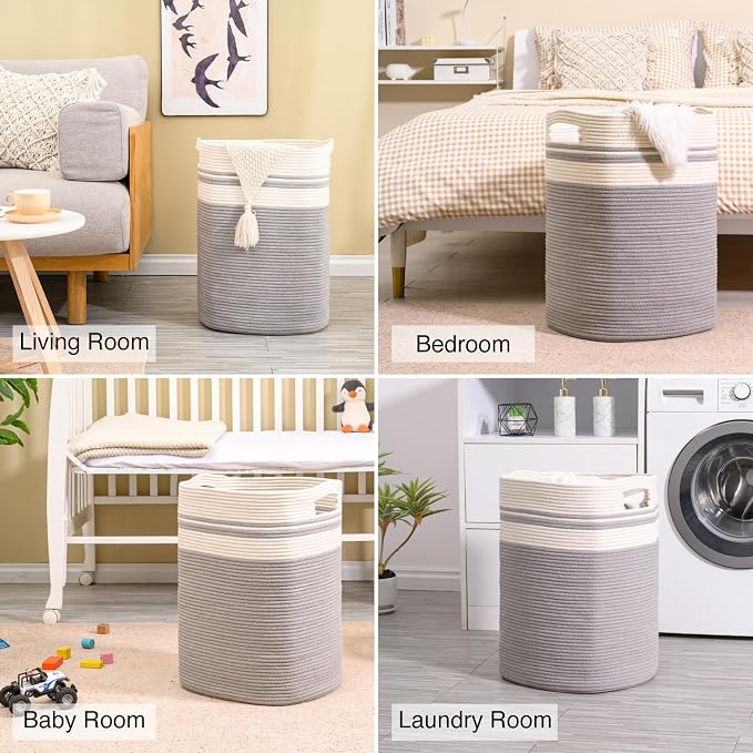 ICERZCZ 78L Laundry Hamper, Woven Rope Tall Laundry Basket with Handles, Decorative Blanket Basket for Bedroom, Bathroom, Collapsible Baskets for Toys, Clothes, 16”x14”x22”, White & Grey