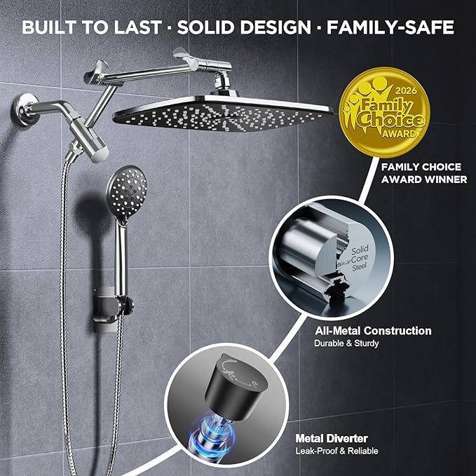 Veken 11.8" High Pressure Shower Head with Handheld, Metal Core Fittings | Handheld Shower Heads with Multi Spray Modes, Rainfall Combo, Detachable Dual Shower, Bathroom Decor, Durable, Chrome Silver