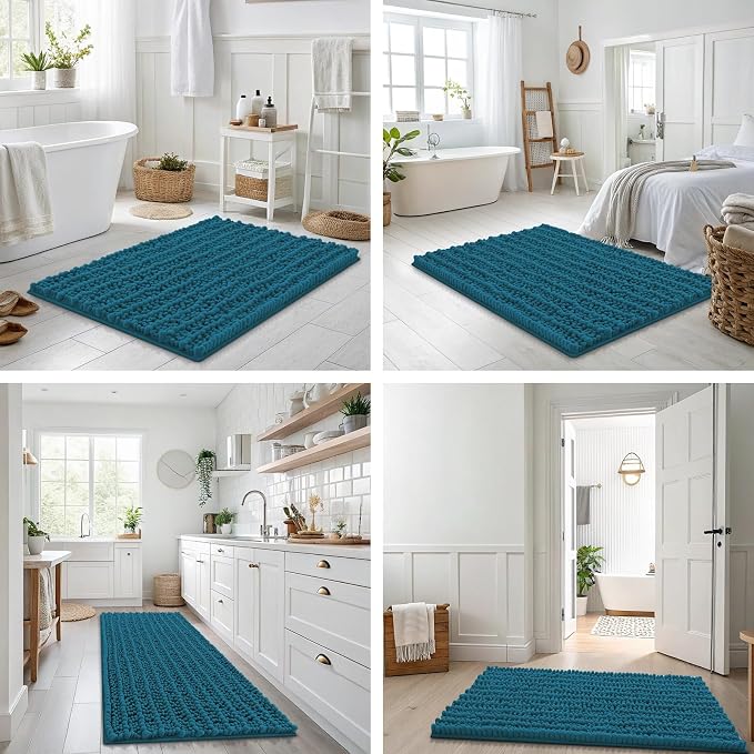 Smiry Bathroom Rugs 44X24, Extra Soft Rubber Backing Chenille Bath Mats | Peacock Blue Machine Washable Non Slip Quick Dry Bath Mats for Bathroom Floor, Tub, Shower, Home Decor Accessories