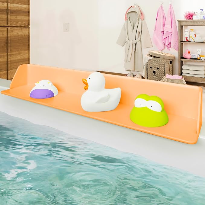 Original PlayPad, Bathtub Splash Guard Play Shelf - Toy Tray Caddy Holder Storage - Suction Cups Attach to Bath Tub - No Mess Water Spill in Bathroom for Toddlers Kids Baby (Orange)