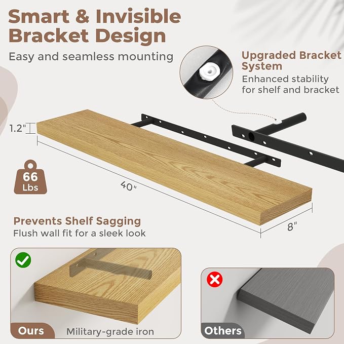 40 Inch Floating Shelves for Wall 2 Pack, 8"D Wood Grain Bathroom Shelves | Invisible Brackets, Oak Finish, Easy Install | Engineered Wood Storage Shelves for Kitchen, Study, Bedroom