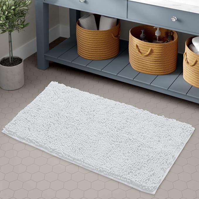Ultra Soft Texture Chenille Plush Bath Rugs Floor Mats, Bath Rug Non Slip Microfiber Door Mat for Kitchen/Entryway/Living Room (30 x 20 inches, White)