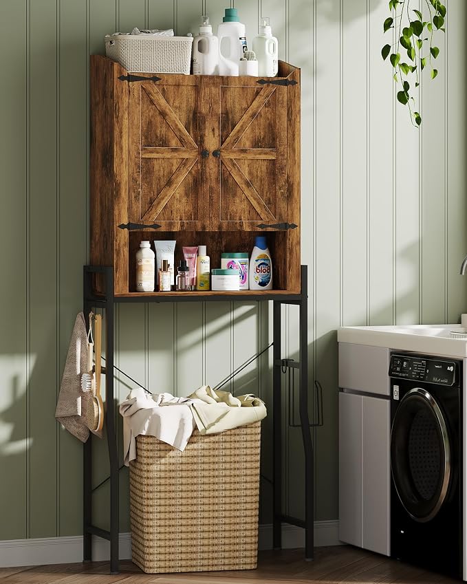 Over The Toilet Storage Cabinet with Metal Stand, Rustic Brown | Toilet Paper Holder, 3 Extra Hooks, Anti-Tipping Device, With Adjustable Shelves, for Bathroom, Restroom, Laundry