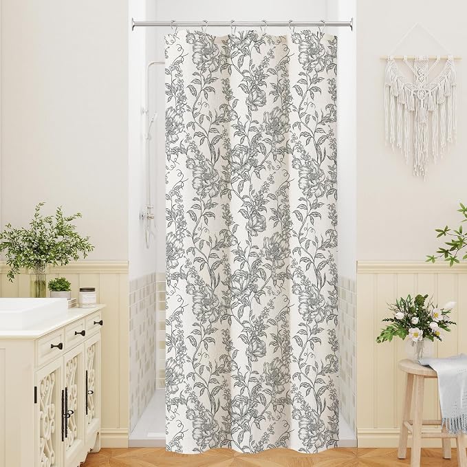 Black Boho Linen Shower Curtain, Farmhouse Floral for Bathroom | Botanical floral print. Rustic farmhouse boho decor. Durable linen blend fabric. Machine washable for easy care. 36x72