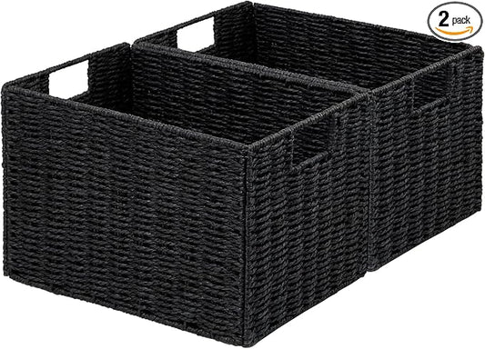 Wicker Storage Basket, Set of 2 Hand-Woven Paper Rope Wicker Basket, Small Storage Baskets for Organizing Toilet Paper Basket, Foldable Large Cube Storage Organizer Bins for Shelves (Black)