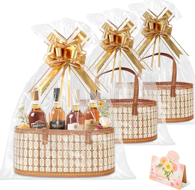 Orchidleaf 3 Set Baskets for Gifts Empty, Woven Bamboo gift baskets empty | Cellophane Wrap for Gift Baskets Empty Gift Baskets to Fill for Baby Baptisms, Mother's Day, Christmas, Housewarming