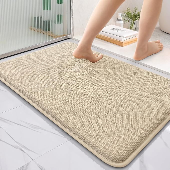 OLANLY Thick Memory Foam Bathroom Rugs 35x24, Absorbent Bath Mat, Beige | Soft Quick Dry Bath Rugs, Non-Slip, Machine Washable Carpet for Bathroom Floor, Tub and Shower, Home Decor Accessories