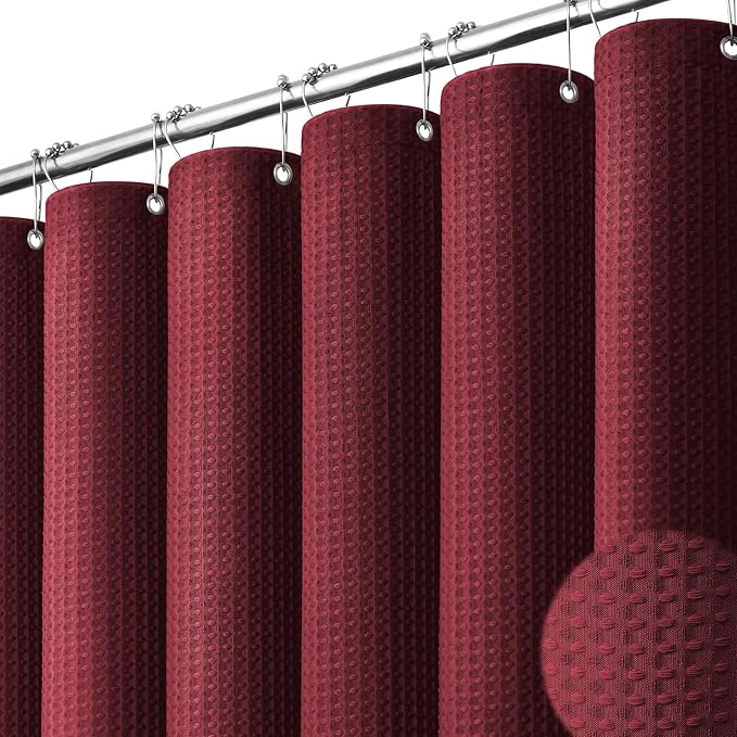 Extra Long Waffle Shower Curtain 256 GSM Fabric 72"x84" Burgundy | 84 Inch Long, Thick Polyester Cloth, Weighted Hem, Water Repellent, Washable, Tall Hotel Bathroom Shower Curtain Set 12 Hooks