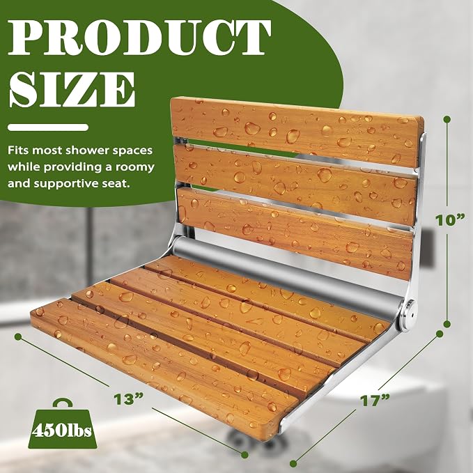 Folding Shower Seat Teak, Folding Shower Seat Wall Mounted, Foldable Shower Chair for Home Care, 450 lbs Capacity (Stainless Steel, 13'' D x 17'' W x 10'' H)