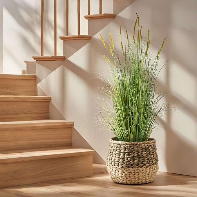 KOL 4ft Artificial Cattail Grass, 47.2in Artificial Indoor Outdoor Fake Onion Plant, Home Office Decor Floor Plants & Flowers in Pot Faux Plant Greenery, Housewarming Gift Reed Grass, Green