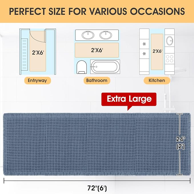 Extra Large Waffle Bath Mat Blue 6'x2'(72" x 24"), Boho Woven Modern Bath Mat Rugs, Absorbent Non Slip Bathroom Rugs, Soft Washable Bath Rugs with Tassels for Bedroom, Kitchen, Shower, Tub