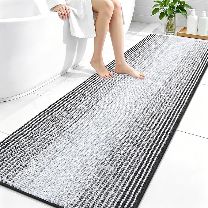 OLANLY Bathroom Runner Rugs 70x24, Chenille Striped Bath Rugs, Dark Grey | Extra Soft Absorbent, Rubber Backing, Machine Wash Dry, Bath Mats for Bathroom Floor, Tub and Shower, Home Decor Accessories