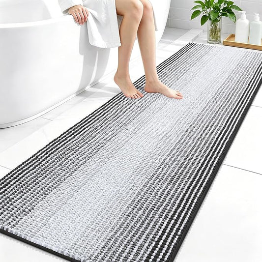 OLANLY Bathroom Runner Rugs 70x24, Chenille Striped Bath Rugs, Dark Grey | Extra Soft Absorbent, Rubber Backing, Machine Wash Dry, Bath Mats for Bathroom Floor, Tub and Shower, Home Decor Accessories