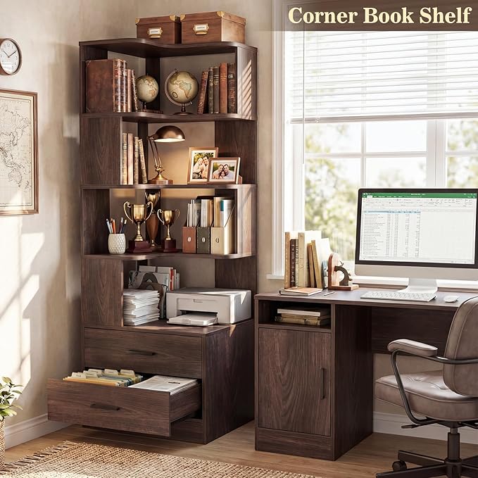 Corner Book Shelf with Drawers, Small Corner Shelf with Drawers | L Shaped BookShelf 6-tier Bookcase for Bedroom Storage, Living Room, Home Office, Kitchen Pantry, Black Walnut