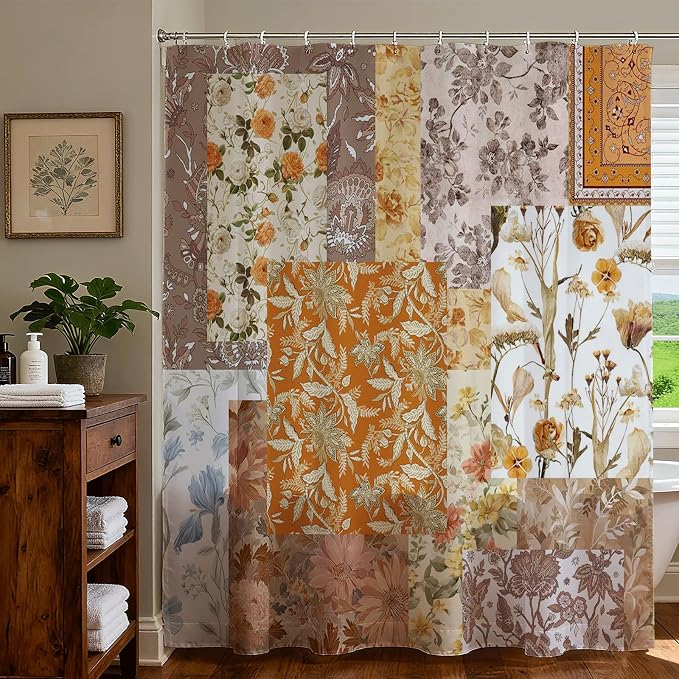 Vintage Boho Shower Curtain Retro Floral Shower Curtain Boho Floral Bathroom Decor Waterproof Mid Century Farmhouse Flowers Patchwork Bath Curtain 72 X 72 Inch (Yellow, 72"W x 72"L (Pack of 1))