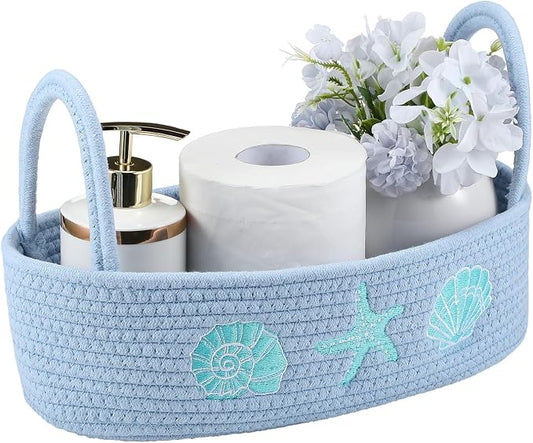 Vesici Ocean Woven Toilet Paper Basket Coastal Cotton Rope Bathroom Decor | Countertop Organizer with Starfish Seashell, Blue Bathroom Storage Decor, Toilet Closet Nursery Organizing, 13 x 6 x 4 Inch