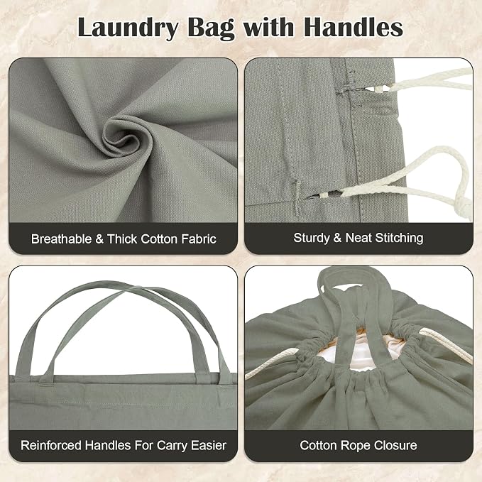 Cotton Canvas Laundry Bag 30"Wx 35"H with Handles Drawstring, CottonGray | Thick Large Heavy Duty Washable Dirty Clothes Sack for Camp, College Dorm, Laundromat, Home Storage, 1Pack