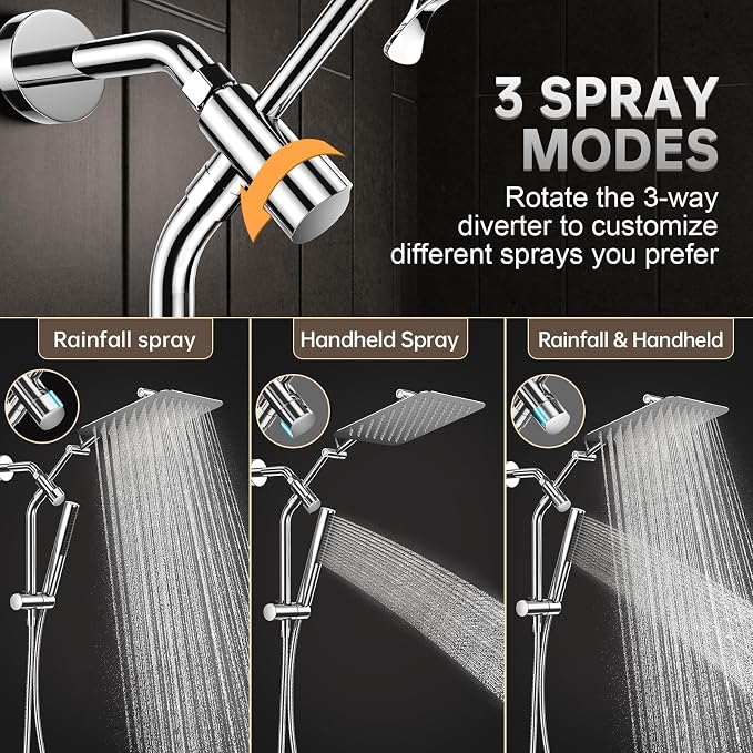 Veken All Metal 10"Luxurious Rain Shower Head with Handheld Spary,Power Jet | Square,Dual High Pressure Showerhead Combo,Double Detachable Shower Heads,Rainfall with Extension Arm,Long Hose,Chrome,Silver