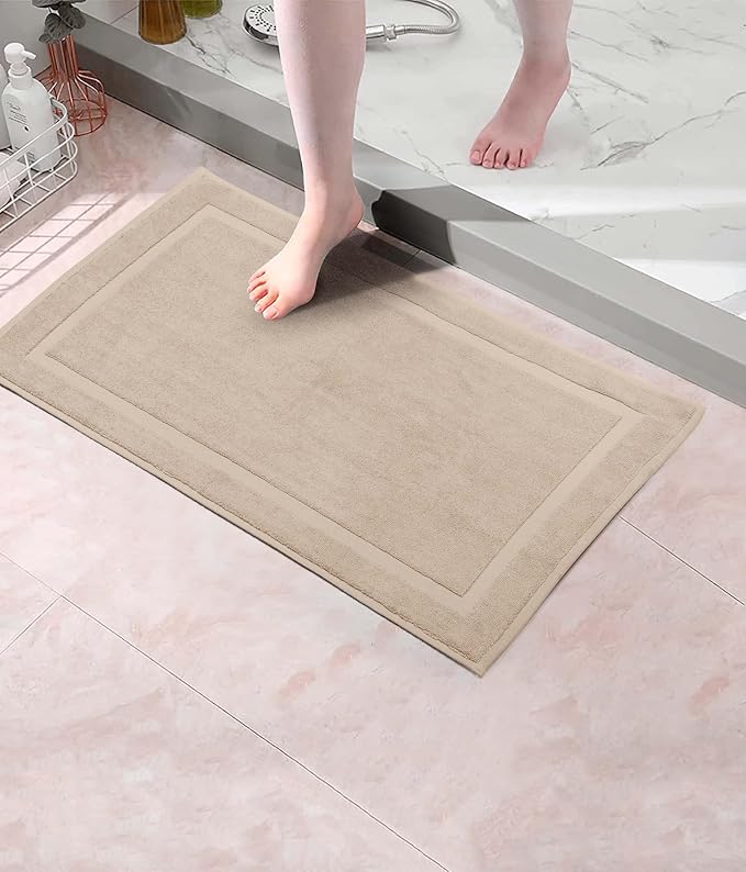 COTTON CRAFT Bath Mats - 2 Pack Step Out Tub Shower Floor Mat -21x30- Linen | Ultra Absorbent Plush 900 GSM Pure Cotton Banded Border Luxury Towel Rug - Not a Bathroom Rug