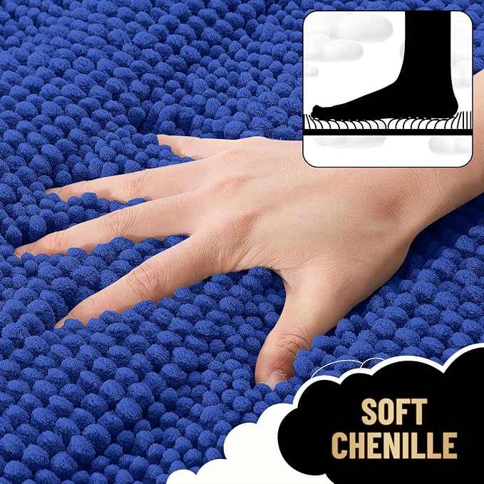 OLANLY Thick Bathroom Runner Rugs 44x24, Chenille Bath Rugs, Royal Blue | Absorbent Striped, Rubber Backing, Machine Wash, Long Bath Mats for Bathroom Floor, Tub and Shower, Home Decor Accessories