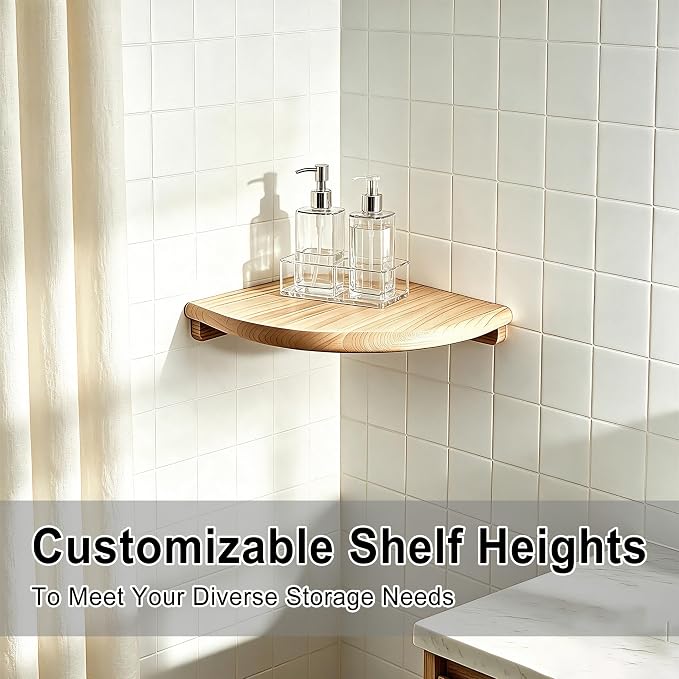 Solid Wood Floating Corner Shelf, 7.1 in Wall Mount Round End | Built-in wire hole, holds small decor, plants & speakers; ideal for bedroom, kitchen, living room