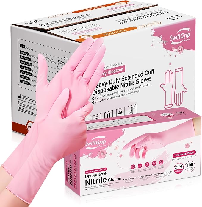 SwiftGrip Disposable Nitrile Dishwashing Gloves, Extended 12 Inches Cuff, 6-mil, Cherry Blossom Cleaning Gloves, Latex-Free