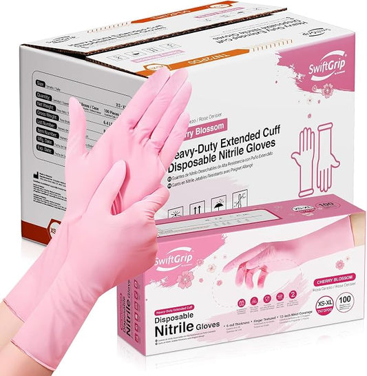 SwiftGrip Disposable Nitrile Dishwashing Gloves, Extended 12 Inches Cuff, 6-mil, Cherry Blossom Cleaning Gloves, Latex-Free