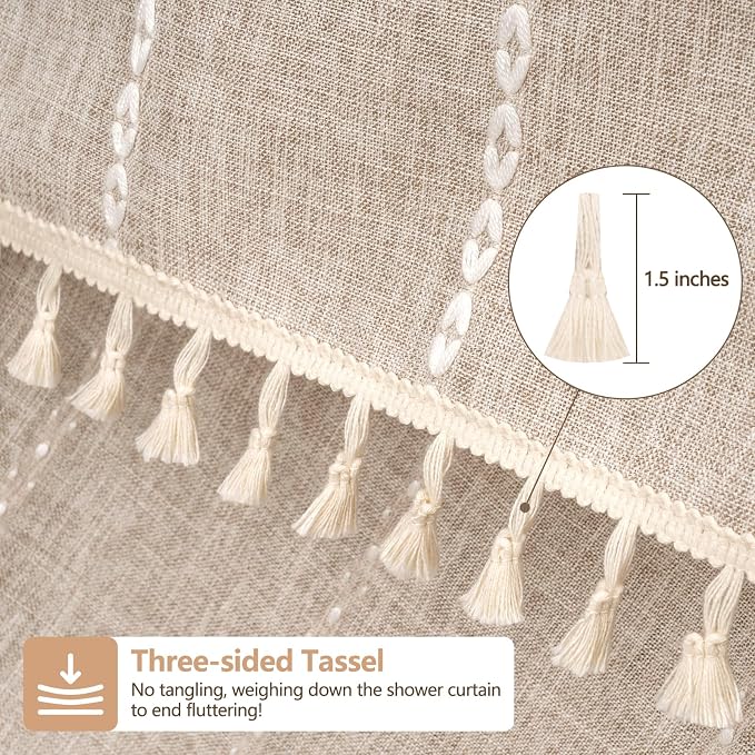 Seenus Boho Farmhouse Shower Curtain Heavyweight with Tassels, 72 x 76 Inch Extra Long Taupe Linen Textured Fabric Shower Curtain for Bathroom, Tan and White Striped Bath Décor Curtain Water Repellent